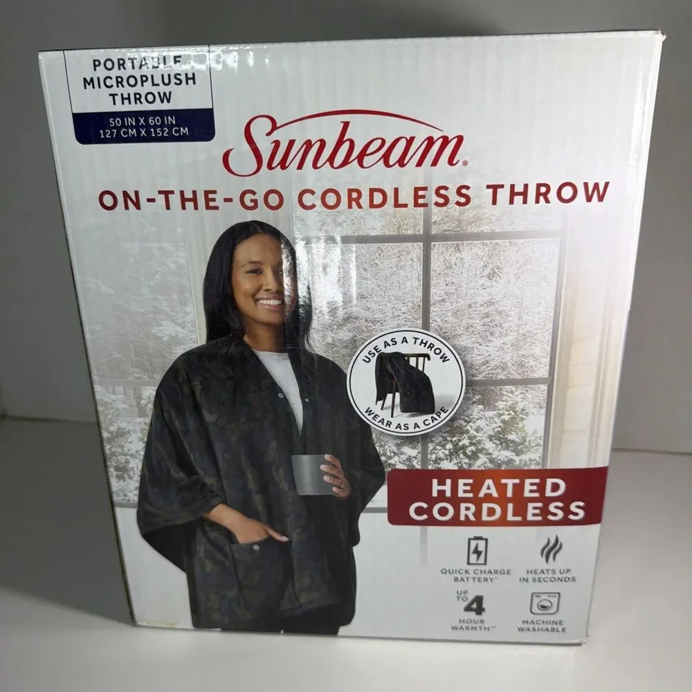Sunbeam On-the-Go Cordless Heated Throw Blanket Microplush 4 Heat Settings 4 Hr